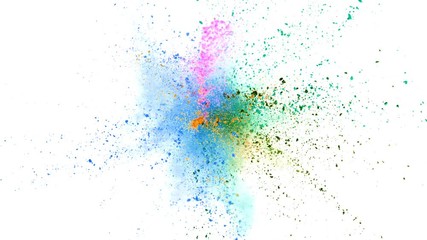 Super slowmotion shot of color powder explosions isolated on white background.
