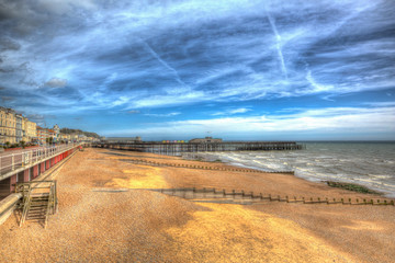 Hastings beach and pier East Sussex England UK in colourful HDR