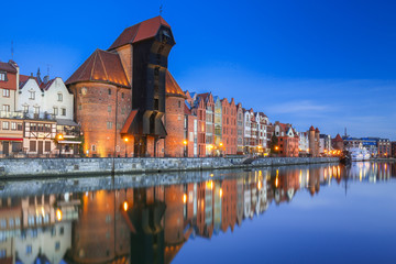 Beautiful old town of Gdansk with historic Crane at Motlawa river, Poland
