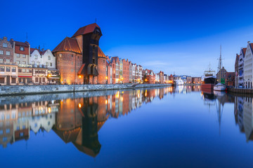 Beautiful old town of Gdansk with historic Crane at Motlawa river, Poland