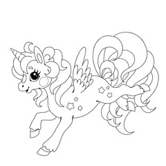 Character cartoon unicorn. Vector drawing doodle. Fabulous creature unicorn. Unusual horse. Vector isolated on white background. Drawing for coloring book.