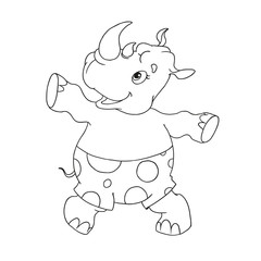 Obraz premium Cheerful character rhino. Rhino dancing. Cartoon character for coloring book. Character for children's creativity. Vector isolated.