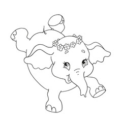 Funny little elephant character. Dancing elephant Vector cartoon character for coloring book. Vector isolated on white background. Page for coloring book. Hand drawing.