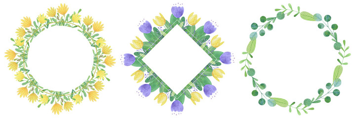 set of hand-drawn watercolor frames of stylized flowers