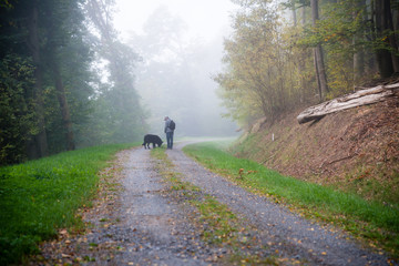 Obraz premium Mann spaziert mit Hund im Wald