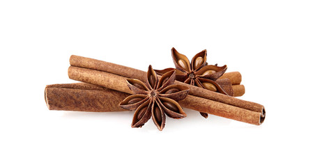 Anise  with cinnamon on white background. Spice isolated.