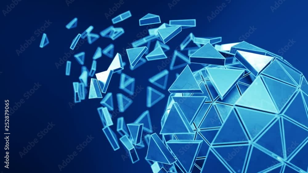 Poster blue icosahedron ball shape and flying polygons. abstract futuristic technology or science fiction c