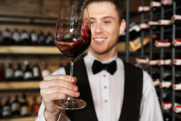 Quality examination. Selective focus on a shot of a professional smiling sommelier examining wine...