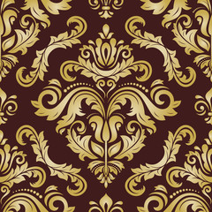 Classic seamless vector pattern. Damask orient ornament. Classic vintage brown and golden background. Orient ornament for fabric, wallpaper and packaging