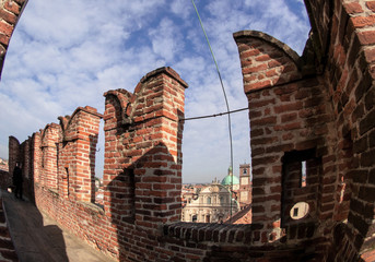 Vigevano - Italy, Ghibelline battlements of the first terrace of the Bramante tower overlooking the Ducal Square.