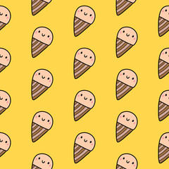 Cute smiling ice cream cone hand drawn seamless pattern cartoon style
