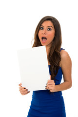 Fototapeta premium young woman holding sign business board. isolated portrait of casual dressed woman. 