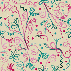 Abstract pink with green watercolor painting background on beige - seamless pattern