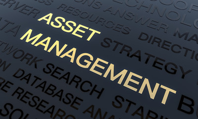 Asset Management Background, Word Cloud Concept In Black and Gold