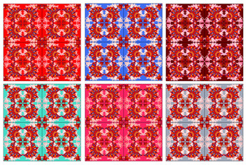 Set of kalamkari patterns in oriental indian style on colorful backgrounds for design