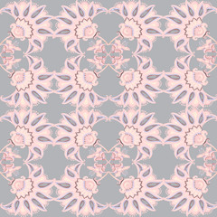 Pattern for a background of flowers and curls in Indian style kalamkari on a light gray background for vintage or oriental design. Kalamkari seamless pattern, background