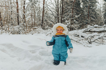 Fototapeta na wymiar A child for a walk in the winter. Family walks in nature in winter. Family walk. Winter forest. Snow park.