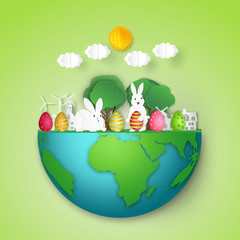 Paper art , cut and craft style of colorful of eggs and rabbit on the half world as Easter Holiday concept. vector illustration.