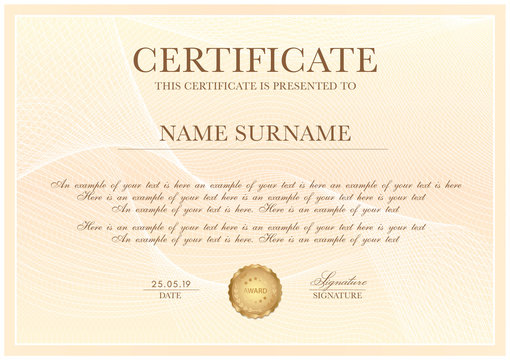 Certificate template with Guilloche pattern,  frame border and gold award. Background design for Diploma, certificate of appreciation, achievement, completion, of excellence