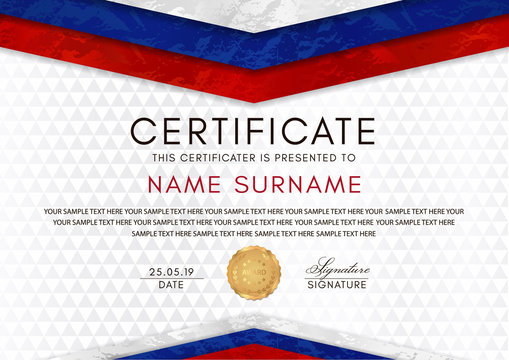 Certificate template with Russian flag (white, red, blue colors) frame and gold badge. White background design for Diploma, certificate of appreciation or award