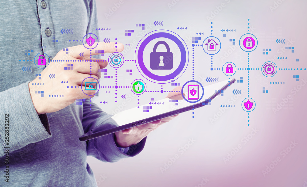 Poster cyber security with man holding a tablet computer