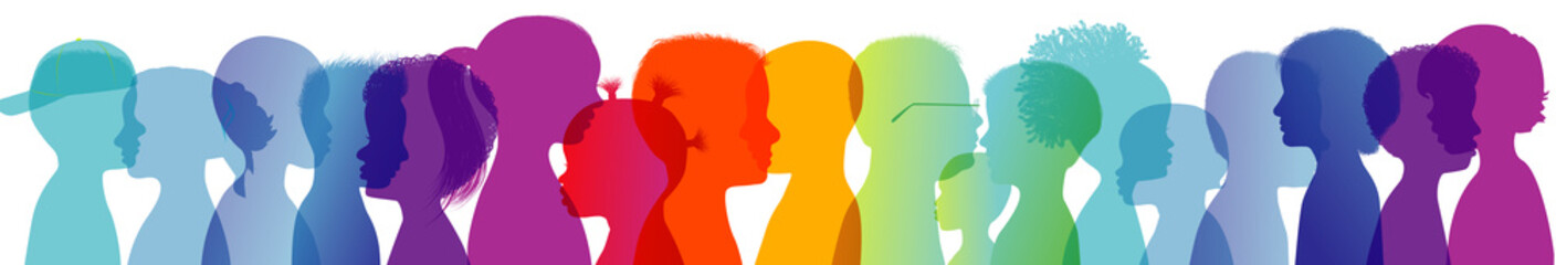 Rainbow group of modern children in colorful silhouette profile. Communication between multi-ethnic children. Children talking. Colored heads. Multiple exposure