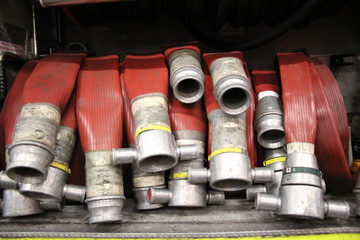 Fire Engine close up pumps hose and equipment from London Fire brigade England UK