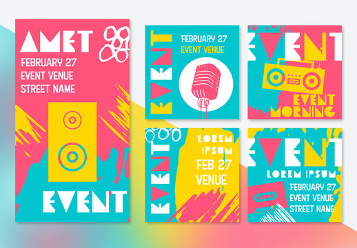 Bright Social Media Post Layout Set with Retro Designs