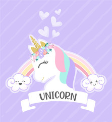 White Unicorn vector illustration for children design with Cute Rainbow. Isolated. Cute fantasy animal