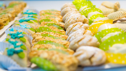 Typical homemade Moroccan and Arabic pastry cookies. Assortment of stacked different kind of arabic...
