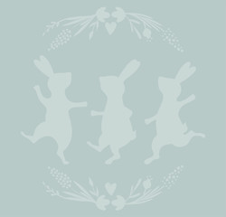 Collection of Easter Bunny characters from different poses. Happy running and dancing bunnies. Flower frame. Grey silhouette