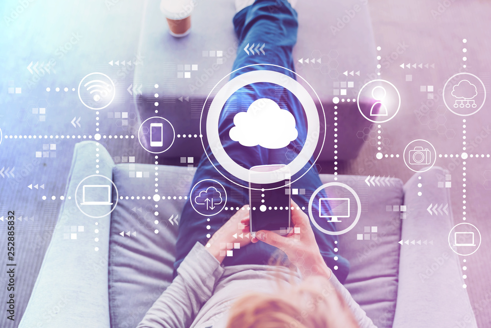 Poster cloud computing with man using a smartphone in a modern gray chair