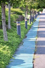 Sky blue wooden walk way 