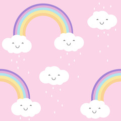 Clouds and raimbows seamless pattern vector illustration. Cute kawaii style drawings.