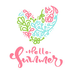 Scandinavian calligraphy lettering text Hello Summer with floral heart. Vector Hand Drawn illustration composition Isolated. sketch doodle design for greeting card, print