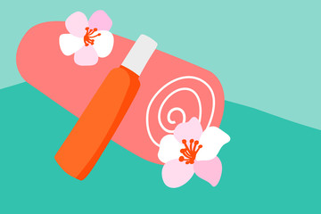 Vector Orange cotton towel and sunscreen body lotion in a orange tube on the background pool. Means for skin care, concept summer of relaxation and sun protection illustration