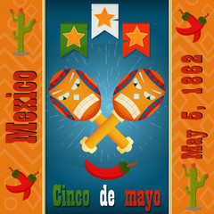 Cinco de mayo, maracas and peppers, vector layout for postcard design, background, stickers, for Mexican holiday decoration in flat style