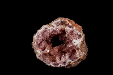 Macro mineral stone Pink Amethyst on a black background