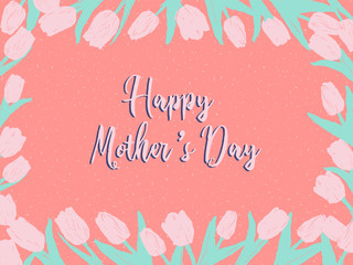 Crayon stile hand drawn tulips greeting card template with text. Mother's day banner with tulips on pink background.