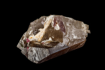 Macro mineral quartz mineral Tourmaline on Lepidolite black background