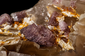 Macro mineral quartz mineral Tourmaline on Lepidolite black background