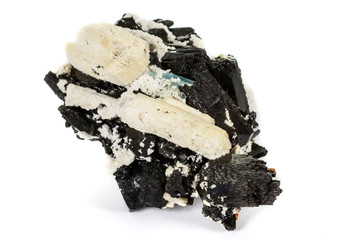 Macro mineral stone Feldspar and Aquamarine and Tourmaline on a white background