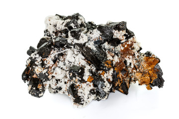 Macro mineral stone Feldspar and Aquamarine and Tourmaline on a white background