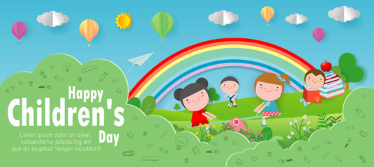 Happy children's day background, Paper cut and craft style. Paper art style, you text, Origami Vector illustration. 