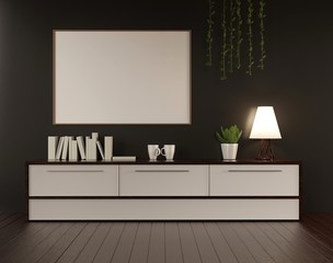 Mock up with an empty frame and console. Wooden floor and black wall. 3D rendering.