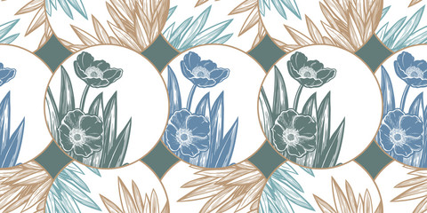 Tulip or Anemon flower composition in circle seamless pattern. Elegant floral blossom background, romantic decoration.