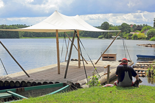 An excursion-raft with awning in Lychen in the Uckermark