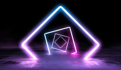 Fototapeta premium Glowing lines vibrant colors tunnel abstract background. Neon pink blue lights in empty space with smoke. 3d render.