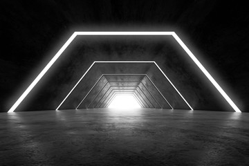 Fototapeta na wymiar Abstract Futuristic dark corridor interior design. Future concept tunnel with light background. 3D rendering.