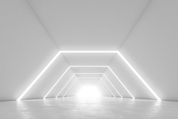 Illuminated corridor interior design. Abstract Futuristic tunnel with light background. 3D rendering.
